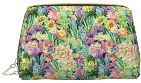 Buewutiry Large Travel Makeup Bag - Watercolor Blooming Cactus Pvc Leather Portable Cosmetic Bags for Women with Zipper, Skincare Bag Makeup Pouch Toiletry Bag for Women