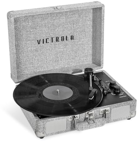 Victrola Journey+ Signature Turntable Record Player – 33-1/3, 45 & 78 RPM Suitcase Vinyl Record Player, Bluetooth Connectivity & Built-in Speakers, Stereo RCA Output, Linen Finish (Light Grey Linen)