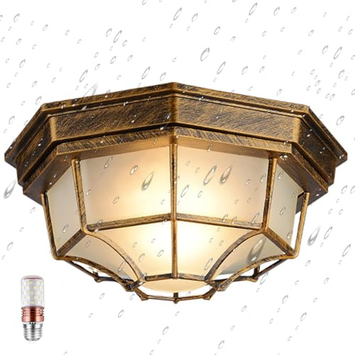 KZT E27 Antik Deckenbeleuchtung, IP54 Wasserdichte Retro Deckenleuchte, Lampenschirm aus Mattglas Retro Flurlampe für Flur Restaurant Wohnzimmer Küche Büro 30cm Farbe Bronze.