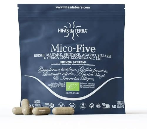HIFAS DA TERRA Mico-Five Extracto Puro de Hongos, Refill 60 Cápsulas | Extracto Puro de Reishi, Maitake, Shiitake, Champiñón del sol y Chaga, Con Vitamina C, Refuerzo inmunitario natural