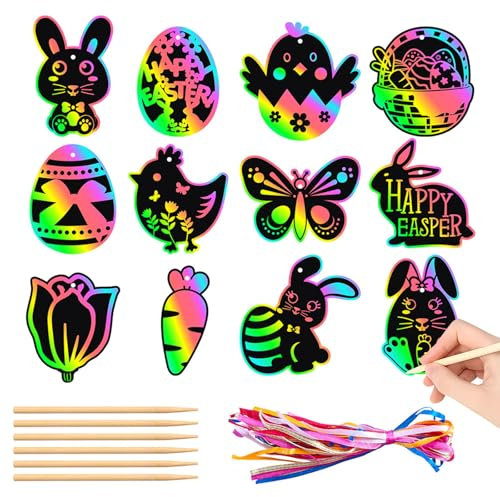 CharmBurst 24 Stück Kratzbilder Ostern, Kratzpapier Bastelset mit Regenbogen Ostereiern, Magische Scratch Crafts mit Holzstäbchen und Band Kinder, Ostern Party Dekorationen