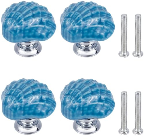 GORGECRAFT 4 Set Muschel Keramik Schrankknöpfe Mit Meerestieren Motiv Ozean Cartoon Stil Blau Handgefertigt Kommodenknauf Schubladengriffe Mit Zinklegierung Eisenschraube Für Schrank Küche Zuhause