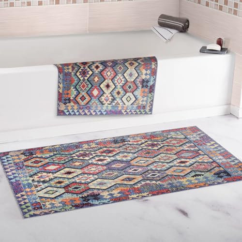 NETLINE HOME Teppich Wohnzimmer - Waschbarer - Teppich Rutsch Stop - rutschfeste Teppiche Aus Baumwolle Gewebt - Vintage Boho Teppich Für, Schlafzimmer Küche Flur Und Salon (BLAU, 80X150)