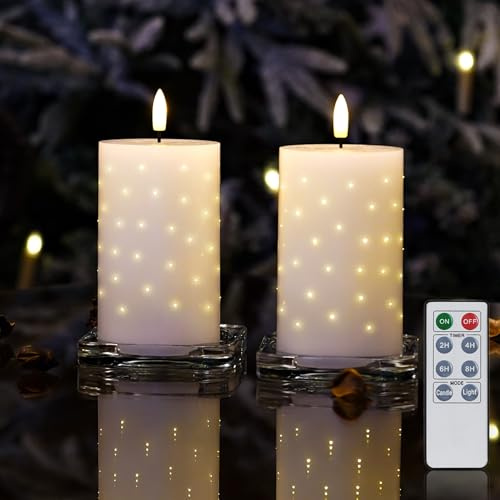 Rhytsing 2er Weiße LED-Wachskerzen mit funkelnden Glasfaserlichtern, flammenlose dekorative Kerzen mit Timer für Weihnachten und Advent,H 12,5 cm, Batterien und Fernbedienung inklusive