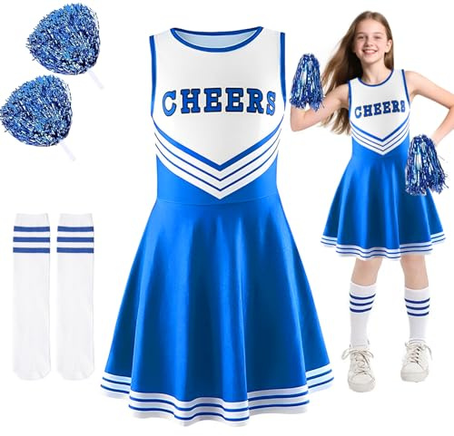 Ntwdby Cheerleader Kostüm Kinder, Cheerleadering Outfit Mädchen, Cheerleading Uniform Kleid mit Pompoms Socken, Cheerleader Kostüm Damen, Kinder Cheer Outfit für Karneval Halloween, Fasching (150)