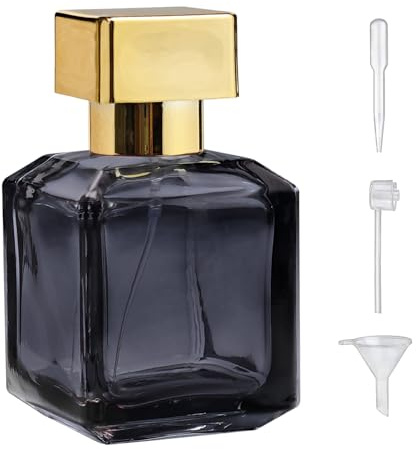 Yerpkefey Botella de cristal con atomizador de perfume de 50 ml, botella cuadrada recargable vacía con 3 tipos de dispensador (negro)