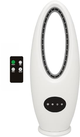 TIENDA EURASIA – Ventilador Torre | sin Aspas | con Mando | 45W | Blanco | Polipropileno (PP) | Ø 25cm | Base 17cm | 72cm de Alto | 3 Velocidades | Voltaje Máximo 240V | Temporizador hasta 8h