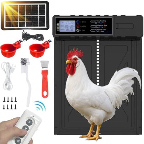 Fexrror Porta Automatica Pollaio Solare, Porta per Pollaio Automatica Alluminio con LCD Display, Telecomando, Antipizzicamento, Timer, Impermeabile
