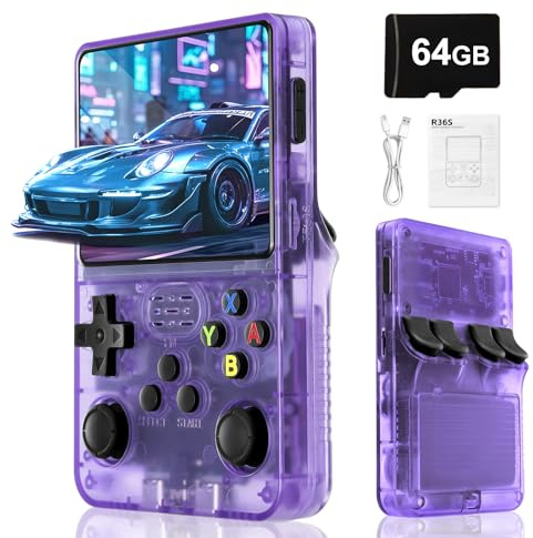 Blidinner Console di gioco portatile R36S - Linux open source, batteria a lunga durata da 3000 mAh, 3,5 pollici, scheda TF da 64 GB, oltre 20.000 giochi classici, console portatile per adulti (viola)