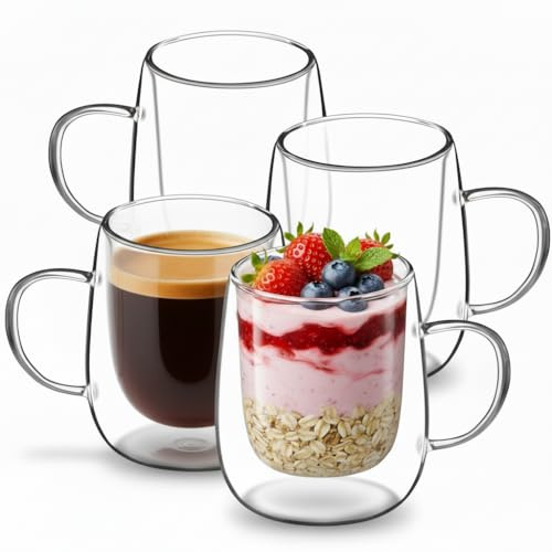 HNNJCK dubbelväggsglas, 4 × 380 ml Kaffeglas med dubbla väggar, cappuccino-glas, för mjölk, juice, kaffe, cocktail