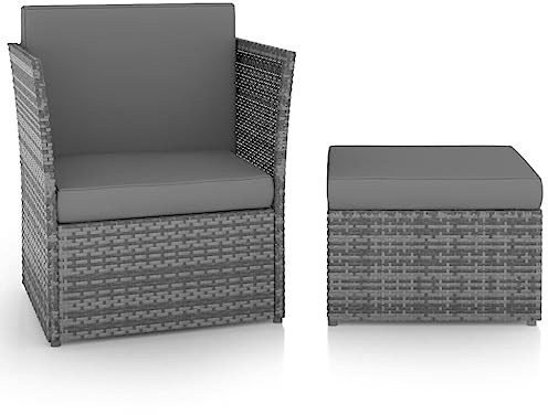 Mandloder Poly Rattan Gartensessel mit Hocker Anthrazit, Outdoor Loungeset für Garten & Terrasse, wetterfest, Bequeme dunkelgraue 8cm Polster, 3-teiliges Gartenmöbel Set