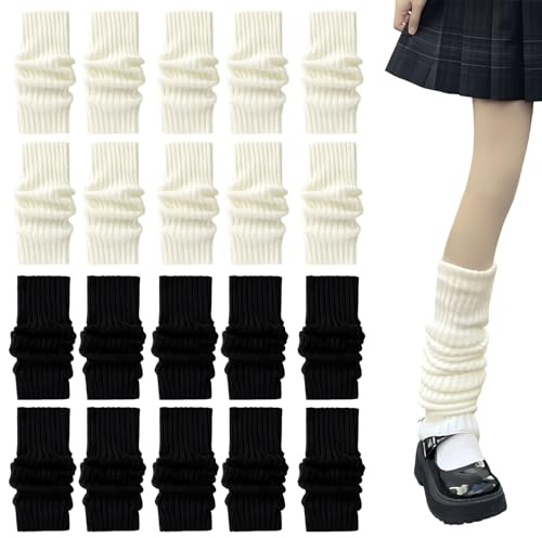 10 Pairs White Black Leg Warmers, Ribbed Knit Leg Warmers Ladies Girls Women, Soft & Elastic Fashion and Warmth Winter Essentials for Ballet Dance Yoga Ice Skating (40cm, Black, White)