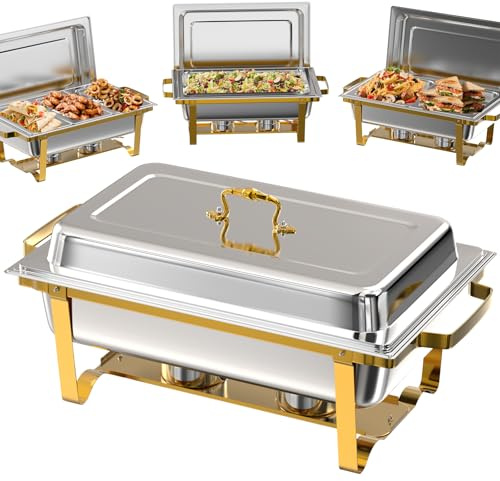 Amhier Chafing Dishes for Buffet 4 Pack, 9QT [Multiple Food Pans Combo] Chafing Dishes with 2 Full Size + 2 Half Size + 3 Third Size Pans, Chafing Dish Buffet Set for Parties and Wedding, Gold