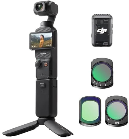 DJI Osmo Pocket 3 Creator Combo, Cámara 1'' CMOS 4K/120fps, Estabilización 3 Ejes, Seguimiento Facial, Incluye Micrófono + Kit de 3 Filtros y Protector de Pantalla Templado