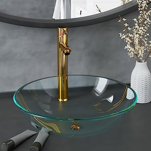 Vasque à Poser Salle de Bain,Lavabo de bain avec robinet et drain à poussoir Verre trempé pour Cuisine, Wc d'invités