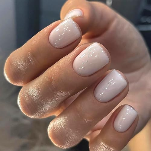 Viugex 24 Pièces Court Faux Ongles, Carrés Blanc Crème Press on Nails, Naturel Couleur Pure Gel Ongles à Coller, Réutilisable Couverture Complète Capsules Ongles pour Femmes et Filles Nail Art