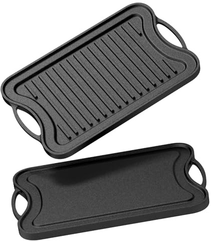 Dayacoco Cast Iron Griddle Pan with Pre-Seasoned Reversible Non-Stick BBQ Grill Pan with Handles, 42x25cm Ridged & Flat Skillet Pan for Gas Stovetop Open Fire Oven