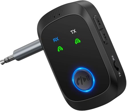 OQIMAX Bluetooth 5.4 Adapter Aux, 2-in-1 Bluetooth Transmitter Empfänger für 2 Kopfhörer, 3.5mm Aux Klinke Bluetooth Sender Low Latency, Kompatibel mit BT Kopfhörer, TV, Flugzeug, Auto, Fitnessgeräte