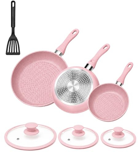 VKZ Set Pentole e Padelle 3 Pezzi, 3 Padelle Antiaderenti con 3 Coperchi in Vetro + 1 Utensili da Cucina, Rivestimento Antiaderente, Manici Ergonomici, Adatte a Gas e Induzione(rosa)