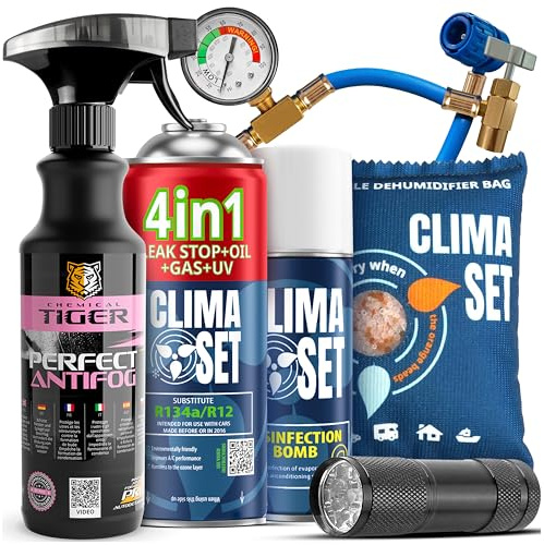 CLIMASET - 4in1 Aircon Top Up Gas r134a, Oil, Leak Sealer with UV Dye XL & Air Con Cleaner & Hose & UV Torch & Moisture Absorber & Anti-Fog - AC Gas Refill and Leak Detection Kit
