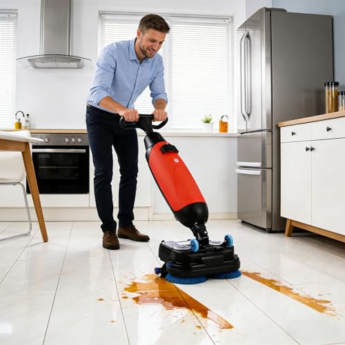 Lakenbroade Autolaveuse Professionnelle 17 Pouces, Nettoyeur de sols électrique léger, Double Brosse rotative, tête rotative à 360°, Couverture de 13 000 pi²/h, pour sols en Bois, carrelage Red
