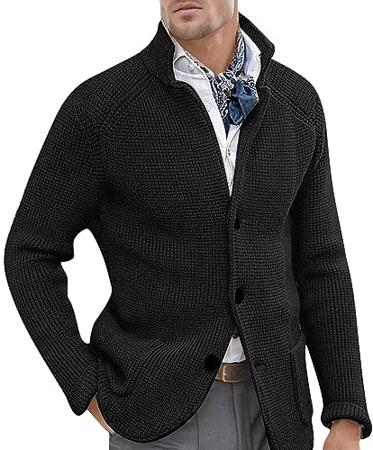 Munweiyu Veste de costume pour homme - Veste de costume en grosse maille - Cardigan décontracté à col montant - Col châle - Manches longues - Pull en tricot avec boutonnière, Noir , L