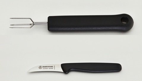 Pellkartoffel-Set, 2-tlg. Pellkartoffelgabel + Küchenmesser gebogen, rostfrei, Kunststoffgriff schwarz, Marsvogel Solingen