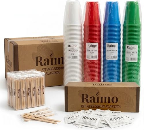 Kit Caffè Monouso 450 Bicchieri a Cono 75ml - 450 Palette - 450 Zucchero | 450 Bicchieri plastica riutilizzabile a Cono Colorati 75ml, 450 Palatine Legno Imbustate Singolarmente