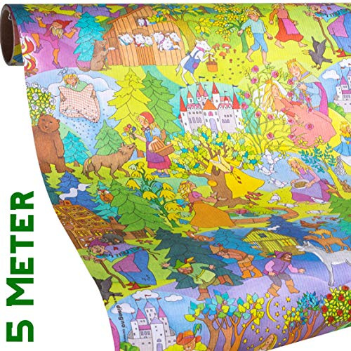 MÄRCHEN Geschenkpapier Kinder. GRIMMS MÄRCHEN | 5 Meter Rolle Papier zum Geschenke einpacken. Gratis dazu: 9x Geschenkanhänger. Für Kinder zu Geburtstag, Einschulung, Weihnachten, Ostern