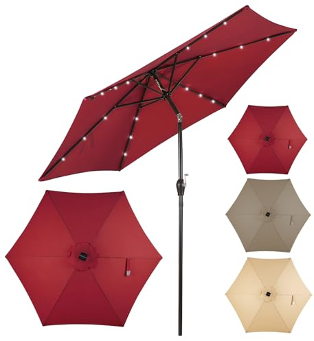 COSTWAY Parasol de Jardin Extérieur Ø 270 CM, Parasol Balcon Inclinable Lumineux Solaire avec 24 LED, Manivelle et 8 Baleines Métalliques Robustes, pour Balcon Jardin Terrasse(Vin Rouge)
