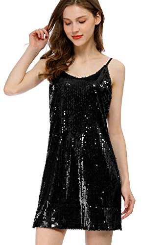 Allegra K Women's Glitter Sequin Dress V Neck Spaghetti Strap Halloween Mini Party Dress Clubwear X-Large Black