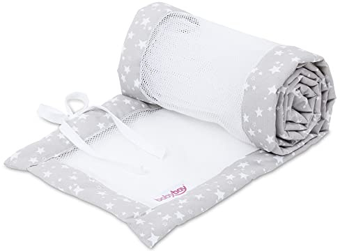 babybay nest meshpiqué/spjälskydd för sidosäng/stötskydd för babysäng, lämplig för modell original, pärlgrå stjärnor vit