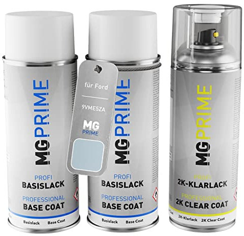 MG PRIME Autolack 2K Spraydosen Set für Ford 9VME5ZA / PVACG0 / B Ice White Metallic/Electric Weiss Metallic Grundlack Basislack 2 Komponenten Klarlack Sprühdose