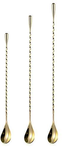 Bar Long Handle Spoons Spiral Stainless Steel Bartender Mixing Spoon Cocktail Shaker Spoon (3Pack- 30cm+40cm+50cm Gold)