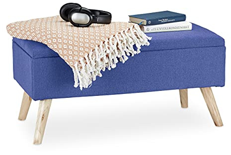 Relaxdays Sitzbank mit Stauraum, gepolstert, Holzbeine, Truhenbank Stoffbezug, HxBxT: 39,5 x 79,5 x 39,5 cm, blau