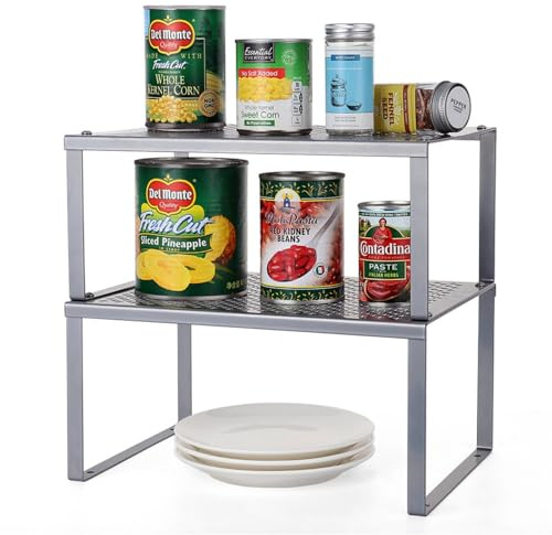 LIANTRAL Küchenregal, Küchenschrank Organizer 2er Set, Erweiterbar und Stapelbar Gewürzregal, Küchen Organizer, Metall kleines Regal für Schrank Arbeitsplatte Speisekammer, Silber