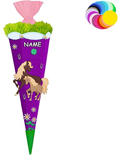 alles-meine.de GmbH Bastelset - Schultüte Farbe & Größe wählbar 70/85 / 100 cm - Pferde & Fohlen - inkl. Name - Farbe frei wählbar - Bastelschultüte - Zuckertüte zum selber..