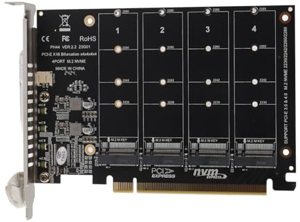 Dilwe Adapterkarte 4 Port M.2 NVMe SSD Auf PCIE X16 M Key,Festplattenkonverter-Lesegerät Erweiterungskarte,PCIE Auf NVME 4 Schächte,M.2 M Key SSD Auf PCIEx16 Adapterkarte Signal Erweiterungskarte