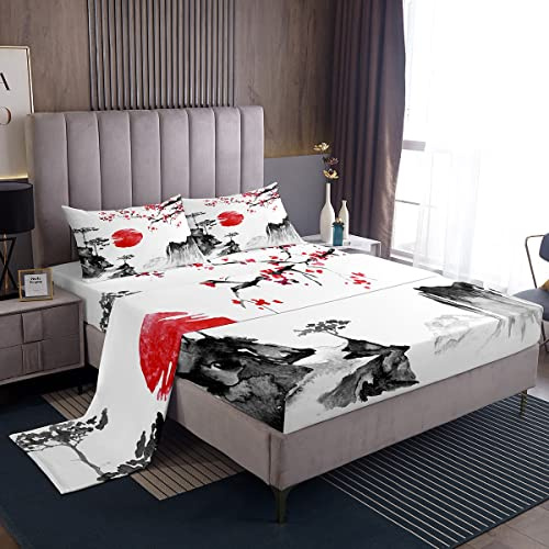 Set completo di lenzuola giapponese Ukiyoe con ciliegie in fiore e soli rossi per bambini, ragazzi e ragazze, stile giapponese, lenzuola, stile esotico, set completo di biancheria da letto 4 pezzi per