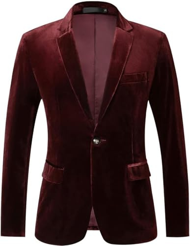 RONGKAI Mens Velvet Blazer Slim Fit Fashion Suit Jacket for Wedding Prom Dinner Party Halloween (Wine Red, Large)