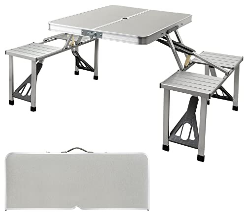 Hedii Portable Folding Camping Picnic Table and Chairs One Piece Design Set, Aluminum Foldable Table + 4 Stools, For Home Party Field Kitchen Outdoor Garden BBQ