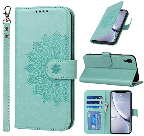 ELTEKER Handyhülle für iPhone XR, Hülle iPhone XR Klapphülle, [3 Kartenfächer] [Magnet Verschluss] Eleganter Prägung schutzhülle Ledertasche Hülle für iPhone XR, Grün