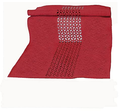 Tischdecke Mitteldecke Tischläufer Kissenhülle Leinenoptik dunkelrot meliert mit dekorativer Lochstanzung Durchbrochene Ornamente (40 x 90 cm)