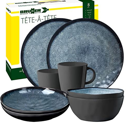 Brunner- Outdoor in Motion Camping-Geschirr-Set Melamin | 8-Teilig - Teller, Schüsseln & Becher für 1-2 Personen | Tête a Tête Venetian - Bruchfest & Anti-Slip