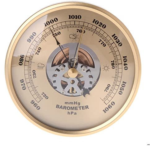 POKHDYE Barometer Wandbehang Barometer Zifferblatt Typ Barometer Traditionelles Barometer 108 mm Wandmontiertes Barometer Perspektive Rundes Zifferblatt Luftwetterstation mmHg/hPa,Golden