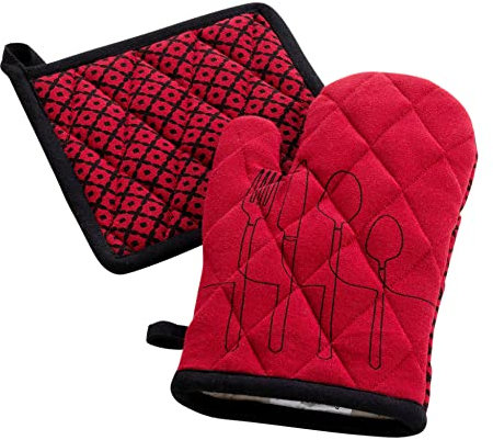 Douceur d'Intérieur, Guanto E Presina (18 x 28 Cm/20 x 20 Cm) Cuciline Bordeaux, Cotone Riciclato Stampato