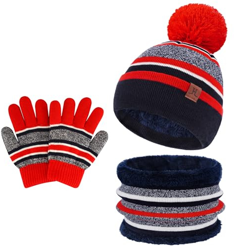 Bequemer Laden Niños Invierno Gorro Termicos Bufanda Guantes Conjunto con Gorra Pompón Forro Polar Regalo Niños Niñas 2-7
