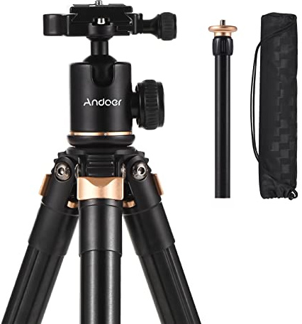 Andoer Portable Camera Tripod Stand Aluminium Alloy 360° Rotatable Ball Head 5kg/11lbs Load Capacity 150cm/59in Max. Height with Detachable 2-section Center Shaft Carrying Bag for DSLR Cameras