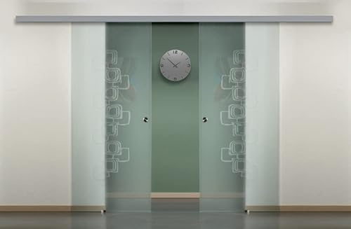 Porta scorrevole doppia anta in vetro a due ante contrapposte con maniglietta inox (70+70 x 215 cm) (VETRO CON DISEGNI)
