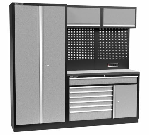 Kraftmeister Iowa Werkstatteinrichtung - Männerküche mit 7 Schubladen und 4 Schränken - Werkzeugschrank, Garage - modulares Werkbank mit Edelstahl-Arbeitsplatte und Werkzeugwand - Grau